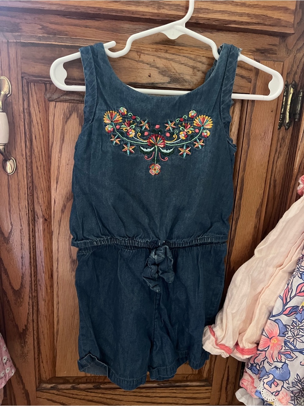 Toughskins Navy Denim Romper with Colorful Embroidery